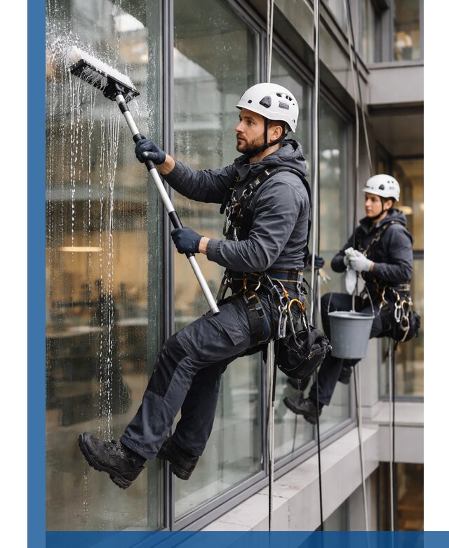 Профессиональная мойка витражей промышленными альпинистами в Выксе