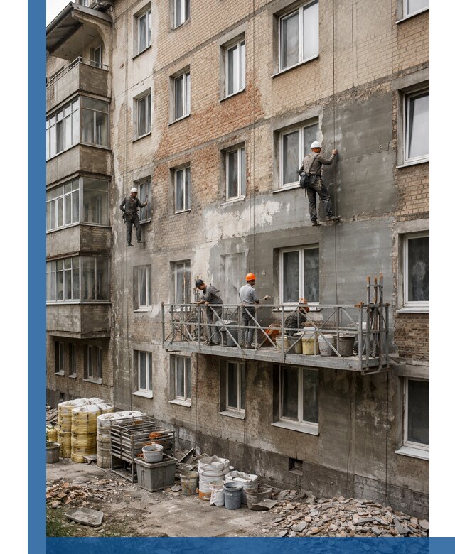 Капитальный ремонт фасада в Выксе с восстановлением и гидроизоляцией