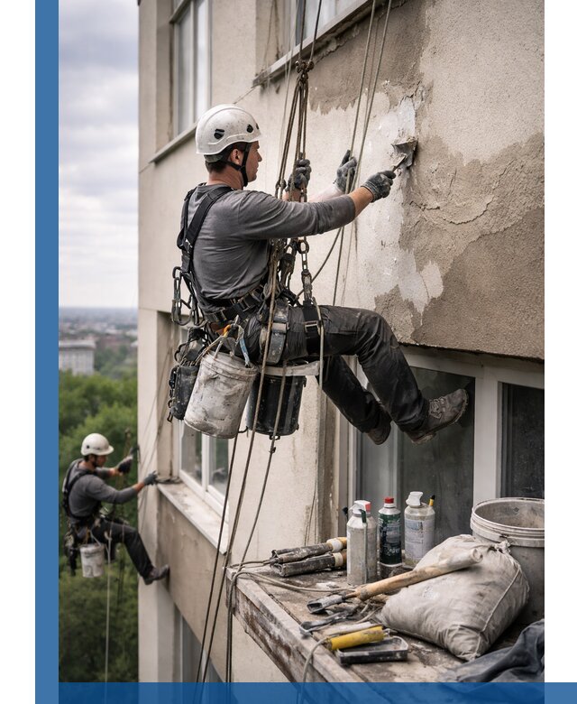 Косметический ремонт фасада зданий в Выксе промышленными альпинистами
