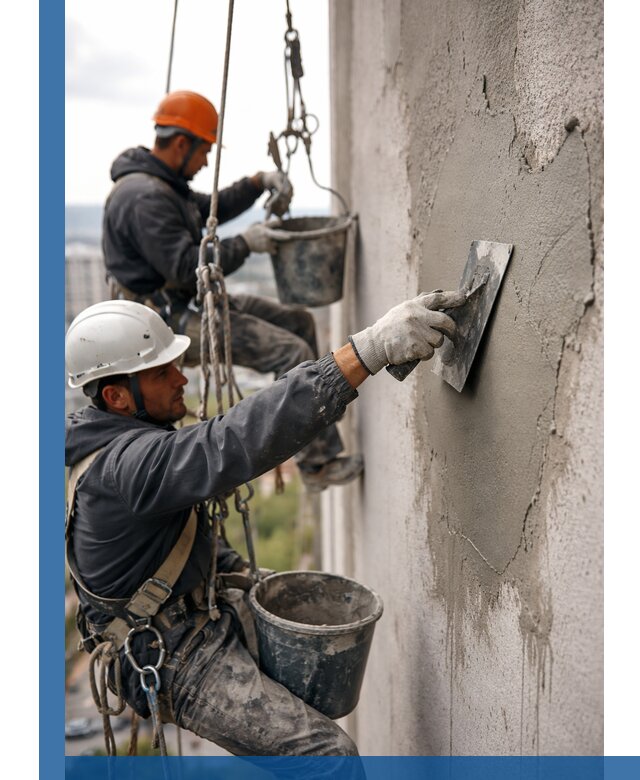 Штукатурка фасада на высоте в Выксе профессиональные работы