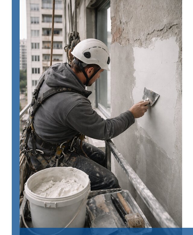 Шпаклевка фасадов на высоте с промальпинистами в Выксе