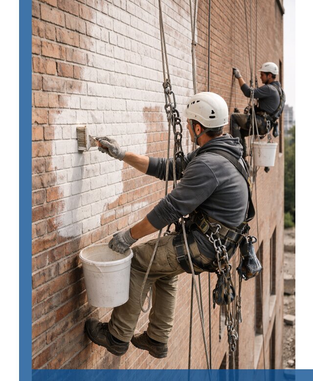 Покраска кирпичного фасада с доступным альпинистским сервисом в Выксе