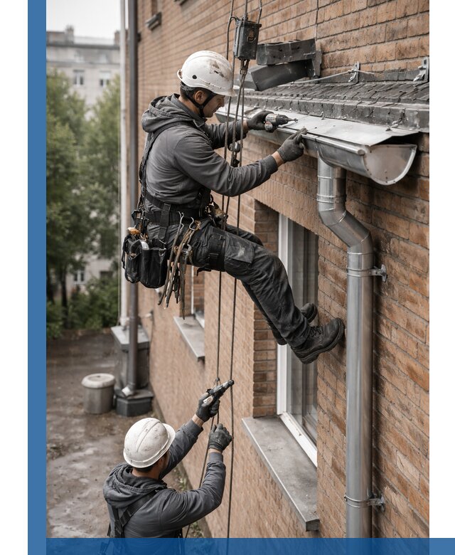 Монтаж водосточной системы на здании в Выксе под ключ