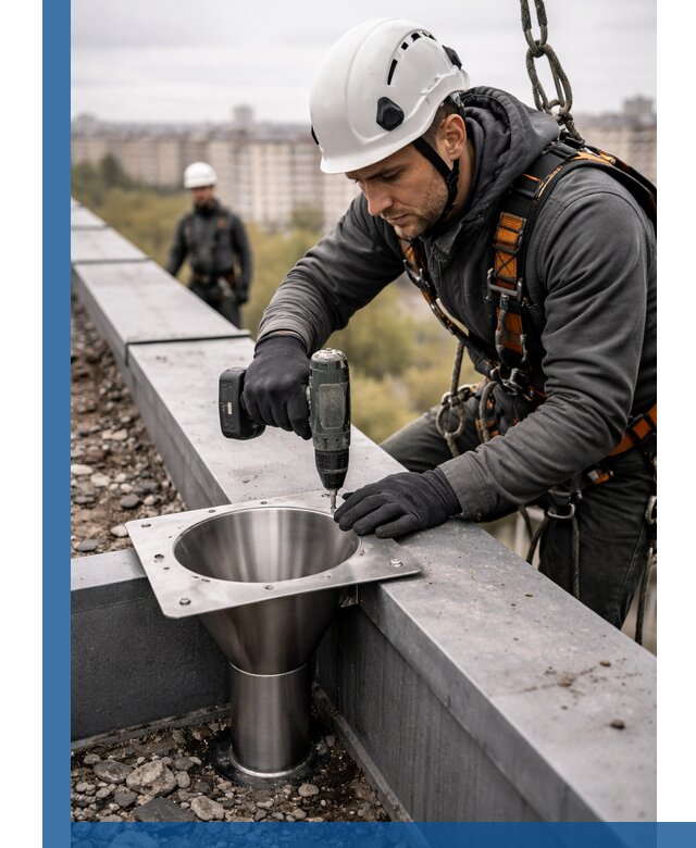 Монтаж водосточных воронок в Выксе для промышленных зданий