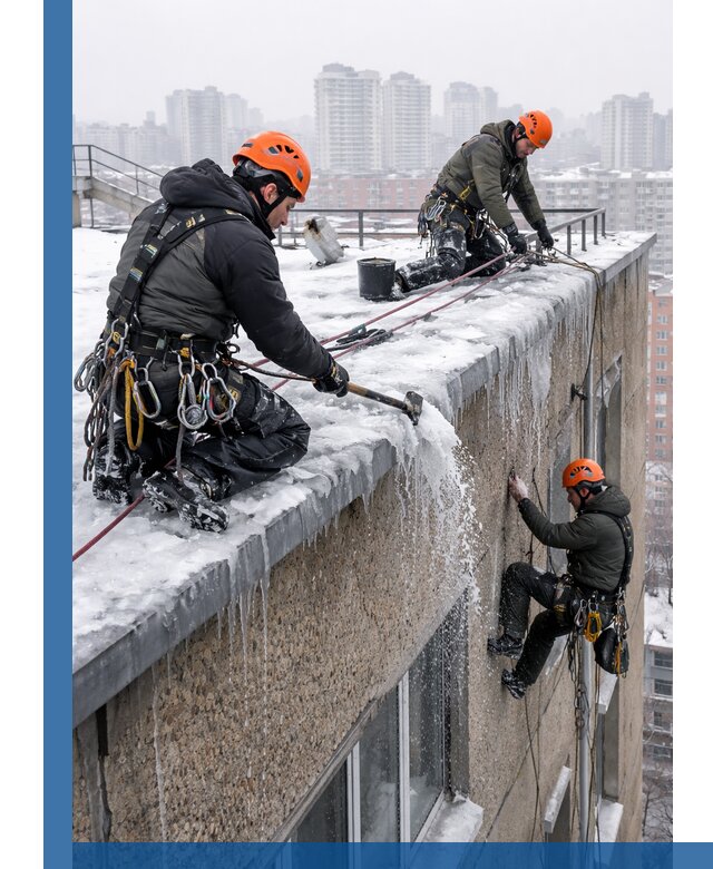 Удаление наледи с кровли в Выксе промышленными альпинистами