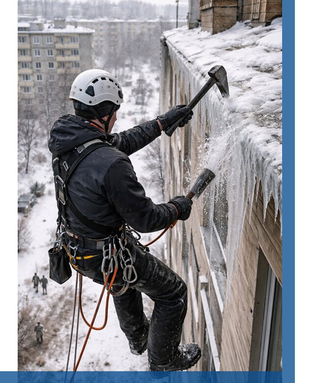 Сбивание сосулек с крыши в Выксе по цене от 4667 р. | ВЫСОТНИК-Вкс