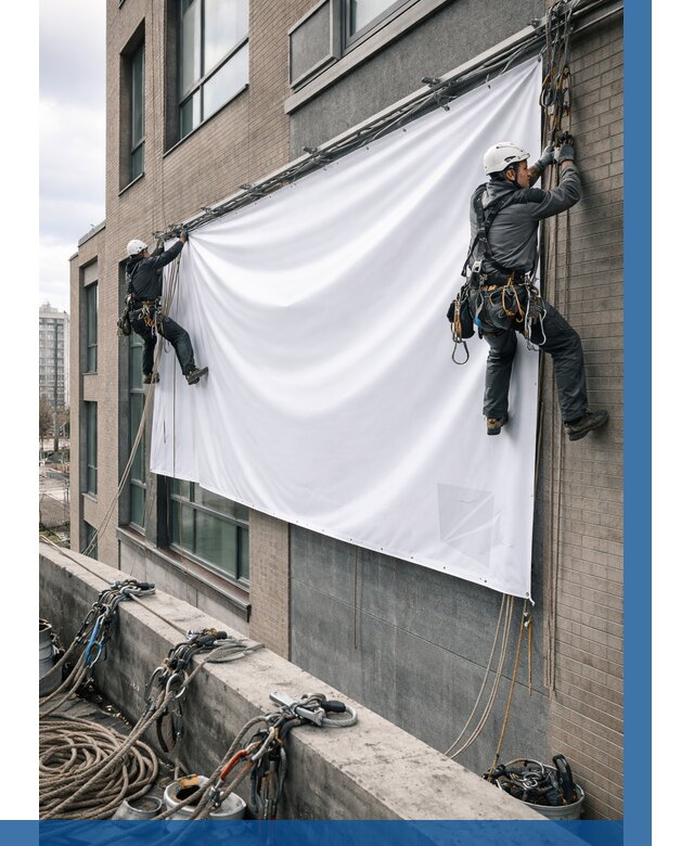 Монтаж баннеров на фасаде в Выксе от 674 р. заказать ВЫСОТНИК-Вкс