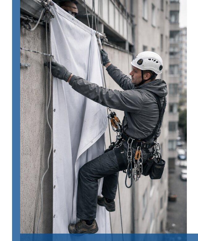 Замена баннерного полотна промышленными альпинистами в Выксе