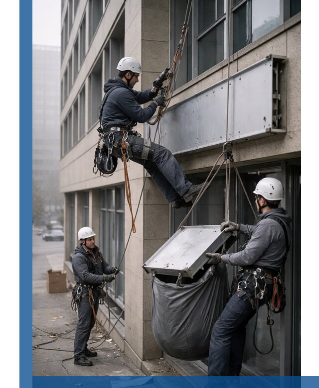 Демонтаж рекламной вывески с высотными работами в Выксе