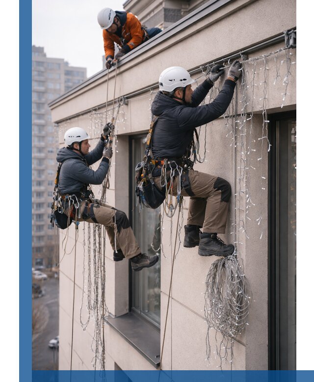 Монтаж праздничных гирлянд на фасаде в Выксе для зданий