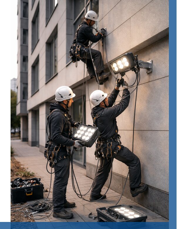 Монтаж прожекторов на фасаде в Выксе от 7778 р. | ВЫСОТНИК-Вкс