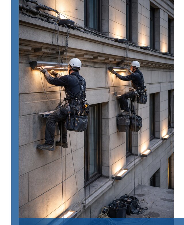 Монтаж архитектурной подсветки фасадов зданий в Выксе