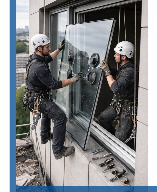 Замена стеклопакетов на высоте с промышленными альпинистами в Выксе