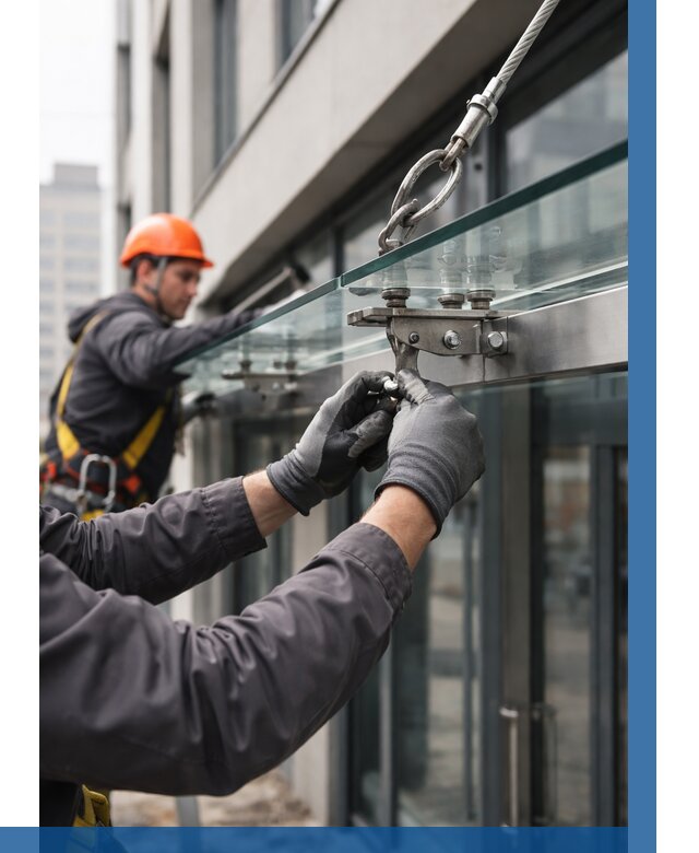 Монтаж стеклянных козырьков в Выксе от 8815 р. | ВЫСОТНИК-Вкс