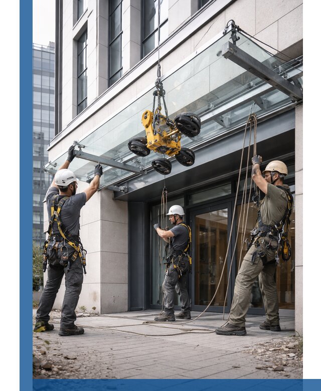 Монтаж стеклянных козырьков под ключ в Выксе для зданий