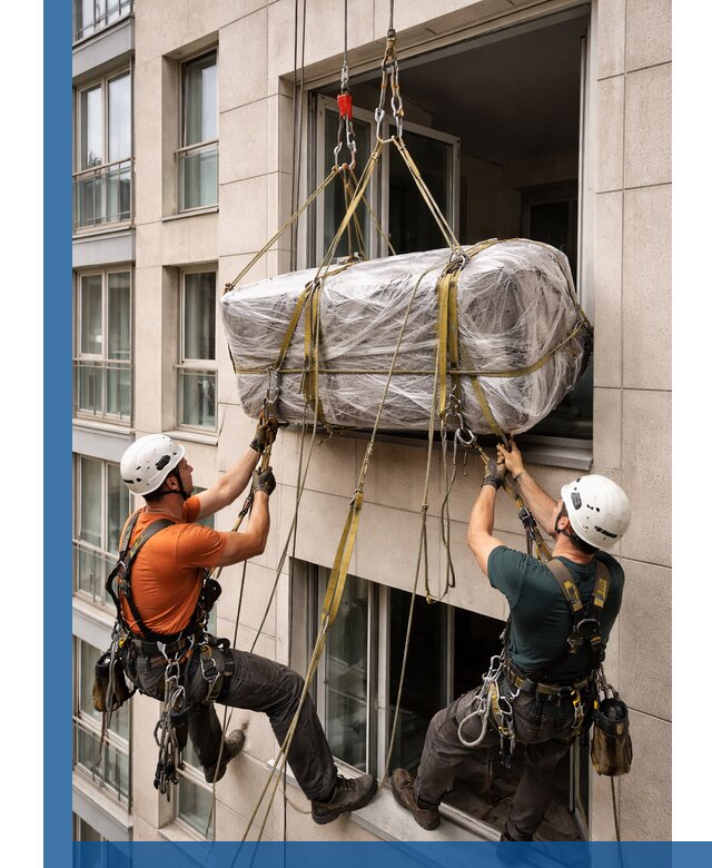 Подъем грузов через окно в Выксе промышленными альпинистами