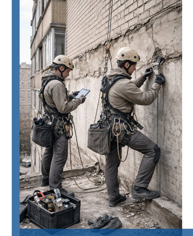 Обследование фасада промышленными альпинистами в Выксе